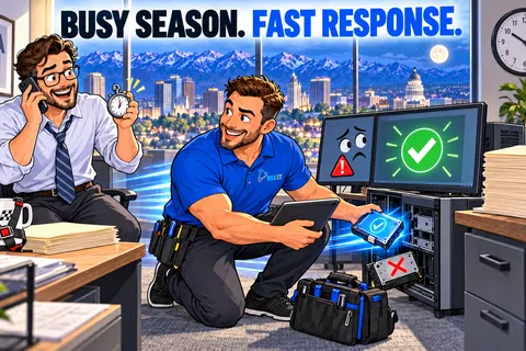 IT technician quickly repairing office computer during busy CPA season with city skyline in background at night.