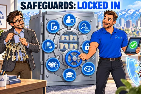 Two men secure a large vault with icons representing digital safeguards in an office with a city and mountain view.