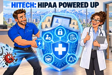IT professional uses a shield to protect a doctor and patient data in a medical office against cyber threats.