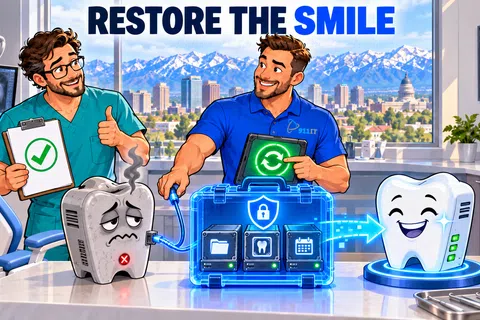 Two men restore a sick tooth to a healthy smiling tooth using digital tools in a bright dental office.