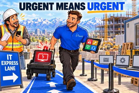 IT technician rushing on express lane with urgent alert while construction worker watches, urgent service emphasized.