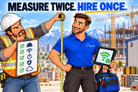 Construction worker and IT technician measuring tape at a building site with checklist and tablet showing WiFi signal.
