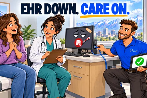 Healthcare tech support restores electronic health record system in a clinic with smiling patient and doctor.