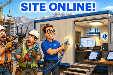 Construction workers connect online network equipment at a site office trailer with digital devices and router mounts.