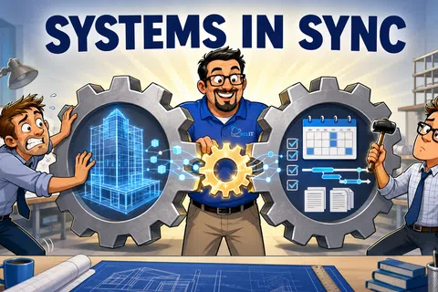 Illustration showing three men syncing building design and project plans with interconnected gears and digital icons