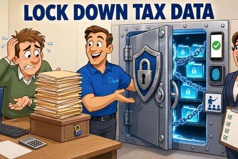 Man locks down tax data in a secure digital vault while stressed accountant looks on, highlighting data security.