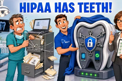 Cartoon showing stressed dentist with paper files and IT professional unveiling secure tooth vault labeled HIPAA has teeth