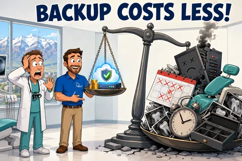 Cartoon showing a man explaining data backup costs are less with balanced scale comparing digital backup to broken old items.