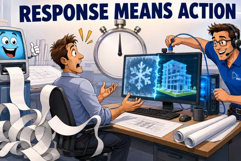 A man reacts to computer issues while an IT technician quickly fixes the problem, symbolizing fast response and action.