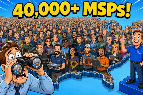Cartoon businessman uses binoculars to view a large diverse group of IT professionals shaped like the USA with 40,000+ MSPs text.