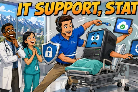 Cartoon IT technician urgently fixing a sick computer in a hospital bed with doctors watching