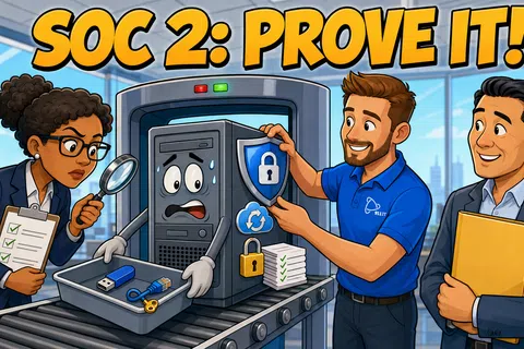 Cartoon of people inspecting a nervous computer with security icons and text SOC 2: PROVE IT above.