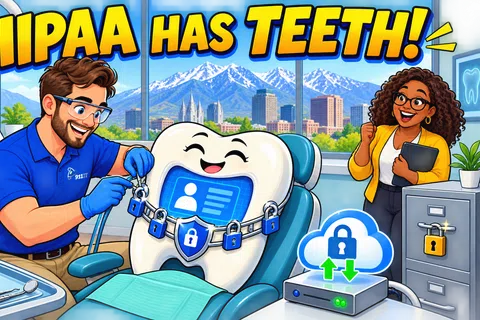 A cartoon tooth secured with locks in a dentist chair, highlighting HIPAA data protection with happy staff around.