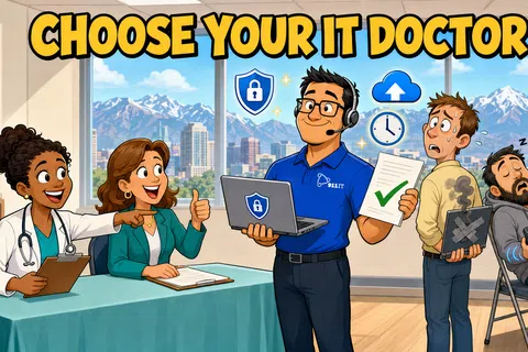 Cartoon office scene with two women choosing between two IT support characters, one professional and one unreliable, with city view.