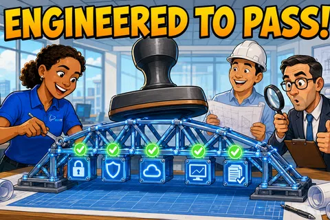 Engineers testing a blueprint of a bridge with checkmarks and security icons under a large stamp reading Engineered to Pass