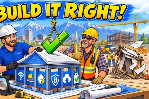 Construction workers with safety gear review blueprints and a model building showcasing security and compliance icons under a crane.