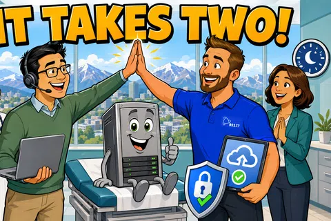 Two professionals high-five beside a cheerful cartoon server in a medical office with mountain views and IT security icons.