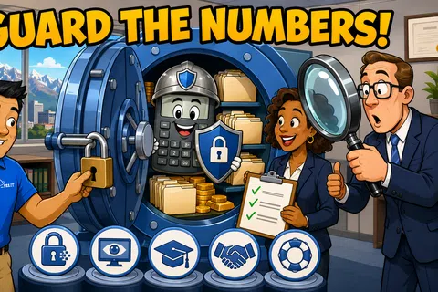 Illustration of diverse professionals securing data with a vault, robot guard, and security icons, emphasizing data protection.