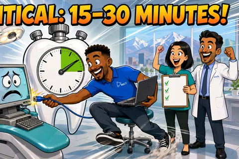 Technician repairs anxious computer in dental chair with stopwatch showing 15-30 minutes urgency and cheering staff.
