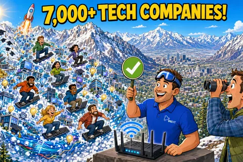 Snowboarders riding laptops down a mountain shaped like a WiFi signal with tech elements and cityscape in background