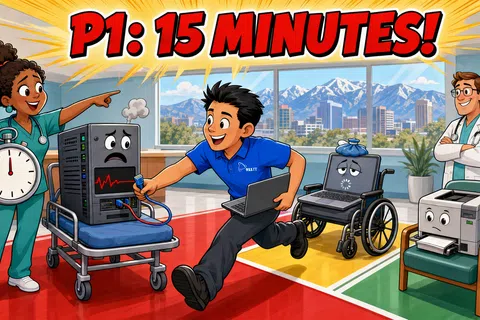 Cartoon showing a tech fixing a sad server with a nurse holding a clock and a doctor watching in a city office.