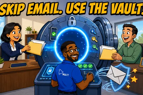 Three people using a high-tech vault to securely share files, avoiding email, with vibrant office background.