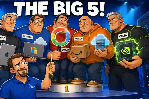 Cartoon of five tech giants Apple, Microsoft, Google, Amazon, and Nvidia labeled and holding their products on a podium.