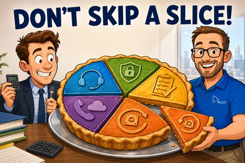 Animated office scene with two men and a colorful pie chart pie labeled with technology icons and the text Don't Skip A Slice.