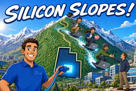 Cartoon person plugs cord into circuit board mountain with graduates sliding down laptops in Silicon Slopes tech scene.