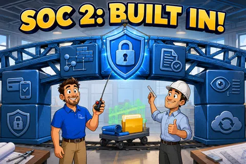 Two animated engineers showcase SOC 2 security with digital lock and secure data icons in a modern office setting.