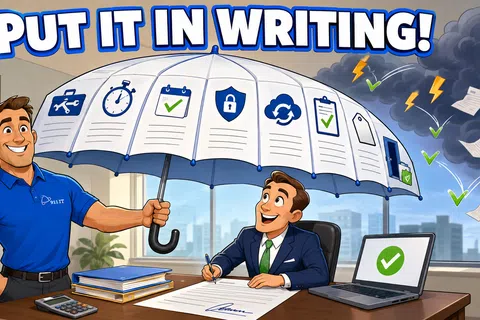 Businessman signing contract protected by umbrella with icons from storm of papers and lightning outside window.