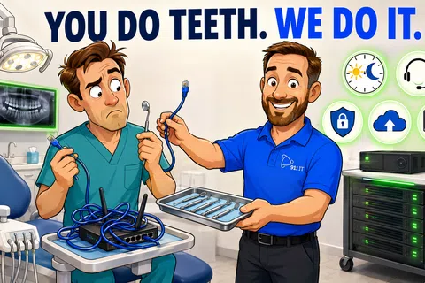 Dental professional confused with tangled network cables while IT expert offers organized dental tools in clinic.