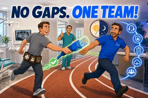 Dental and IT professionals passing network cable baton on track with teamwork text and digital icons for unified work.