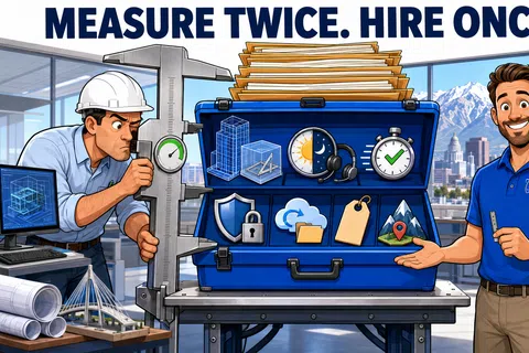 Engineer measures with calipers while another man presents a toolbox with icons and the slogan Measure twice, hire once.