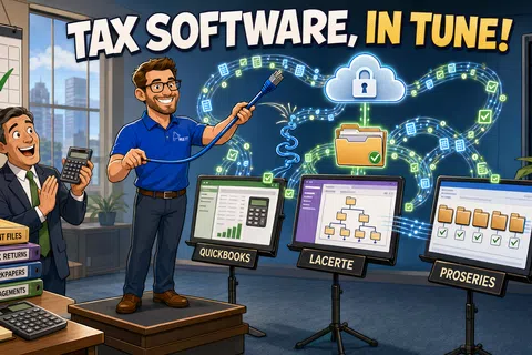Cartoon scene of a man connecting tax software QuickBooks, Lacerte, and ProSeries with a network cable under text Tax Software, In Tune!