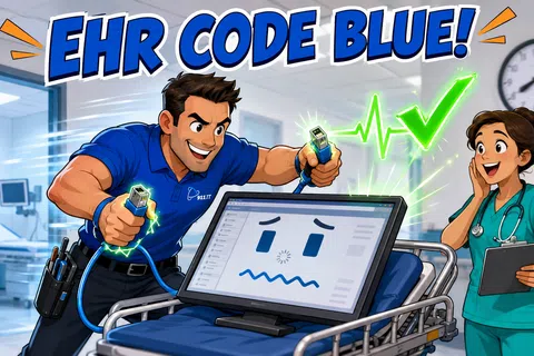Cartoon of IT technician reviving a distressed EHR system in a hospital setting with a nurse watching amazed.