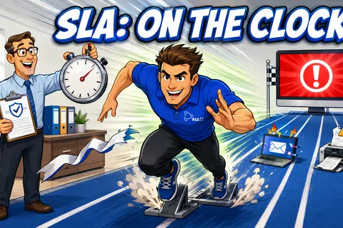 Man in blue starts sprint on track symbolizing timely IT service with clock, alert icons, and SLA on the clock text.