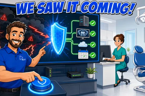 Man activates shield on large screen showing virus defense while woman works in a dental office setting.