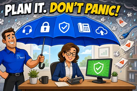 IT professional shields businesswoman at desk with blue umbrella displaying security icons and text Plan It. Don't Panic!