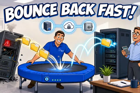 Tech workers using a trampoline to transfer files from a damaged server to a secure server, symbolizing fast data recovery.