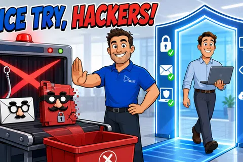 Cartoon IT technician blocks hackers, rejecting phishing and malware symbols, while a protected user walks confidently through a security shield.