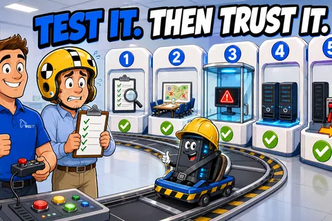 Illustration of two men testing servers with a small robot on a track passing five testing stages, showing checkmarks and error alerts.