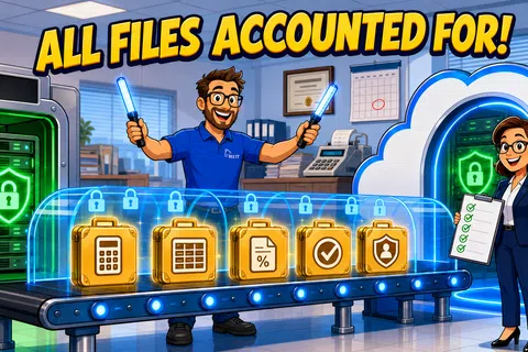 Security staff monitoring and securing files with locks, servers, and cloud storage in a high-tech office setting.