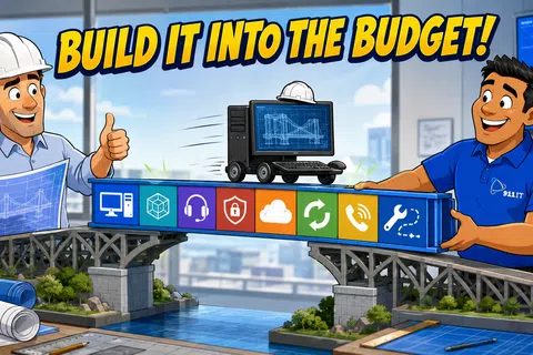 Two men build a digital bridge with tech icons and a computer running blueprints, caption Build it into the budget.