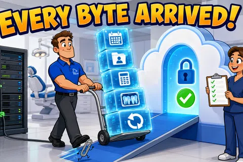Technician delivers digital data blocks to secure cloud with checklists and security icons in modern office.