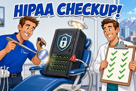 Two men inspect a server with a lock symbol in a dental office setting under the text HIPAA CHECKUP.