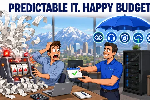 Office scene showing stressed man with overflowing receipts and calm IT pro with umbrella protecting data icons.