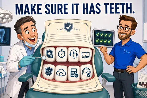 Cartoon dentist and man with dental chair showing icons as teeth under 'Make sure it has teeth' text.
