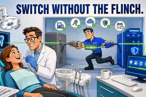 Dentist with happy patient and technician seamlessly switching digital connections in high-tech dental office.