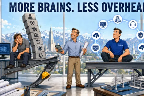 Three men representing more brains and less overhead with balancing blocks and tech icons in an office with city skyline.